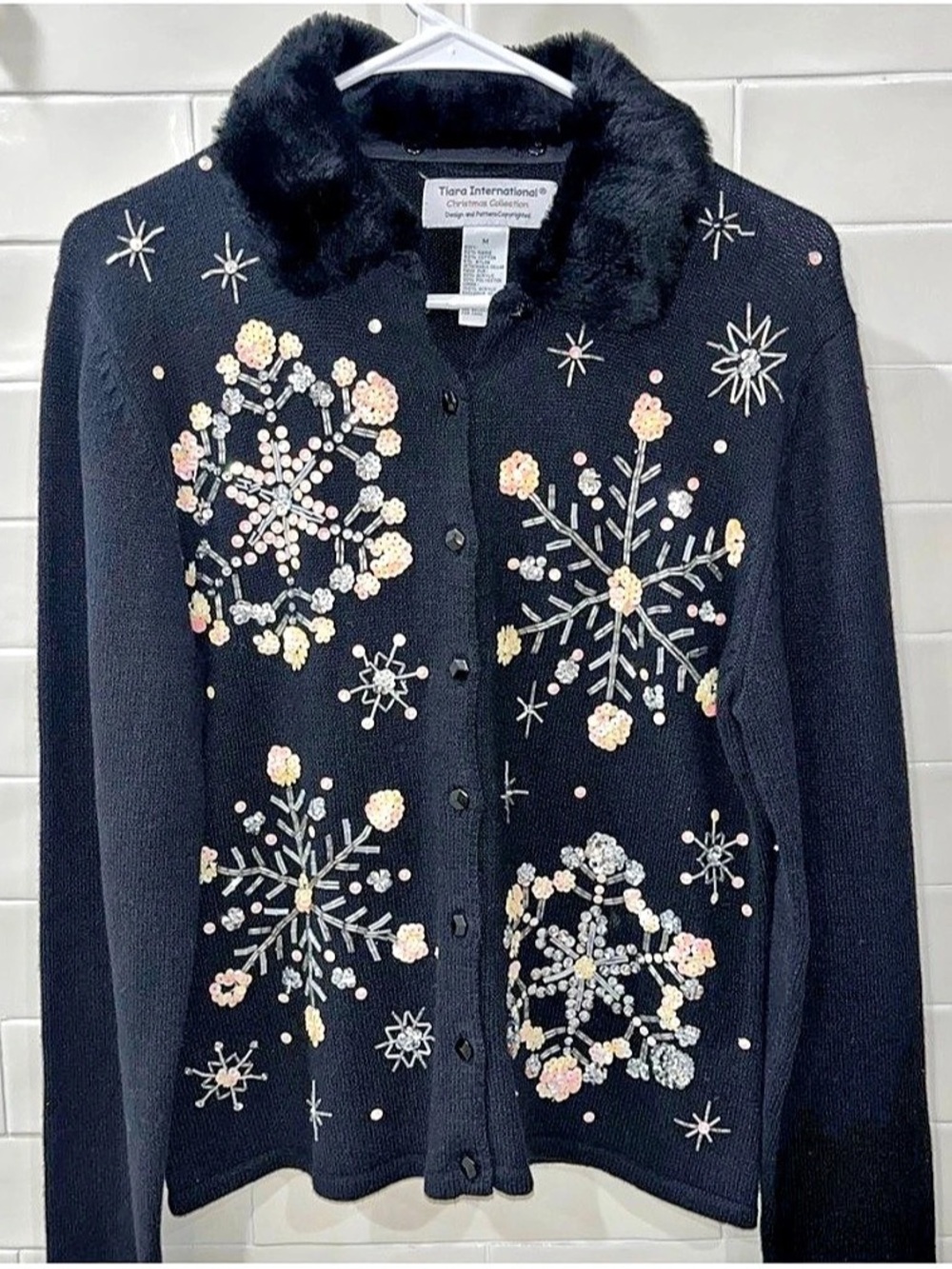 Vintage Tiara International Black Sequin Snowflake Faux Fur Collar Cardigan
